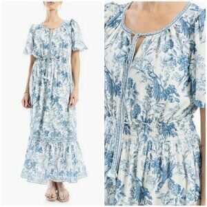 💕MAX STUDIO💕Bubble Sleeve Tiered Maxi Dress ~ Cream/Blue Bird Toile Large NWT